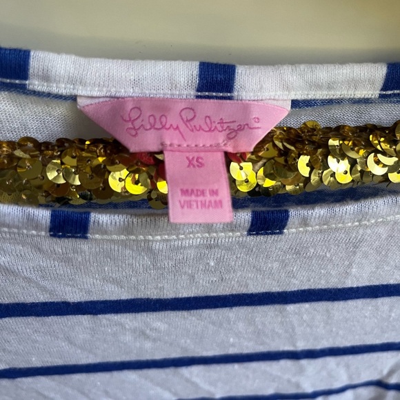 Lilly Pulitzer Aimee Easy Fit Tee 100% Linen Boatneck Hem Vents Stripe Sz XS - Picture 4 of 7